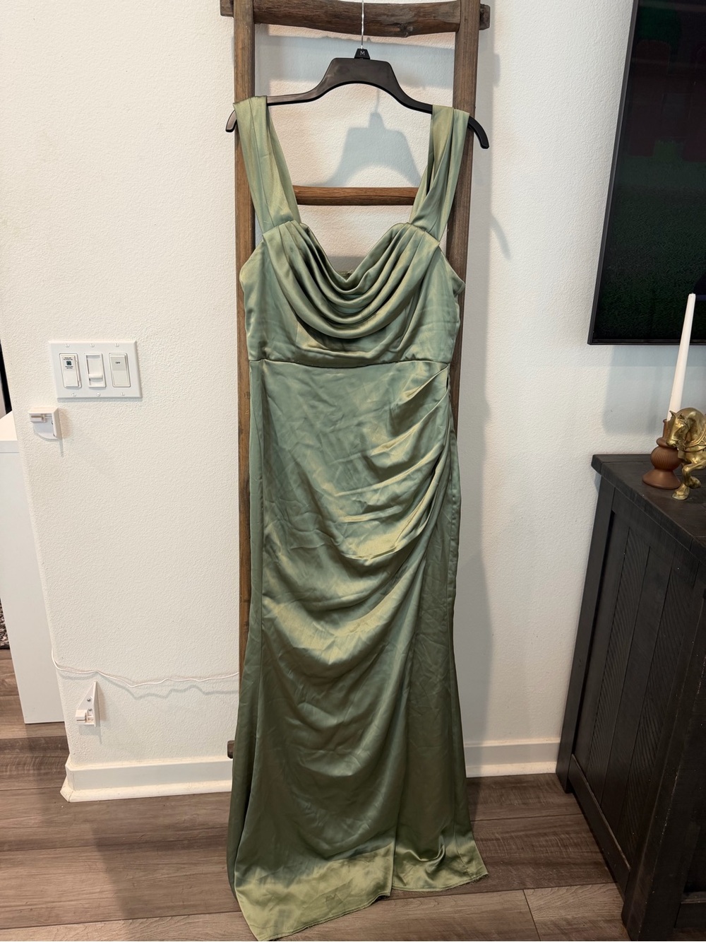 Windsor Satin Sage Green Draped Maxi Dress
